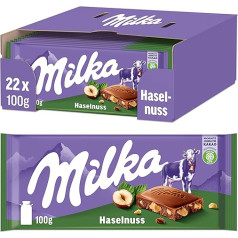 Milka Lazdu riekstu batoniņš 22 x 100 g - Alpu piena šokolādes batoniņš ar smalkiem lazdu riekstiem, vēl vairāk šokolādes