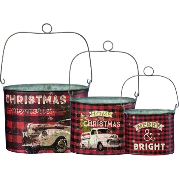 Primitives by Kathy Rustic Christmas Tin Bucket Set of 3 Checked (3 kastīti)