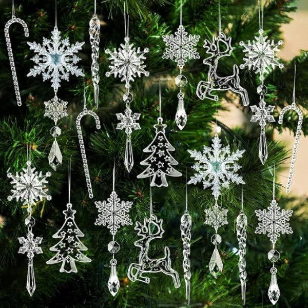 Wjelet 18-teiliges Weihnachtsbaumschmuck-Set aus transparentem Kunststoff, Weihnachtsdekorationsset für Weihnachtsbaum, Heimpartyzubehör