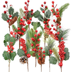 Bacucine Künstliche Tannennadeln, Weihnachtsdekoration, sortierte Blumen-Plektren mit roten Beeren-Kiefernnadeln für Winterurlaub, Party, Tischdekoration, 12 Designs