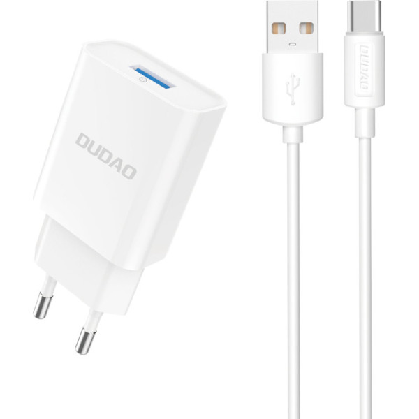 Dudao USB-A 2.1A 10W tīkla lādētājs ar USB-A - USB-C kabeli, balts