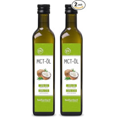 MCT organiskā eļļa 1000 ml Izgatavota no 100% organiskās kokosriekstu eļļas (2 x 500 ml) l Augstākā kvalitāte l 70% Kaprilskābe C8 l 30% Kaprilskābe C10 L Mehāniski izgatavota