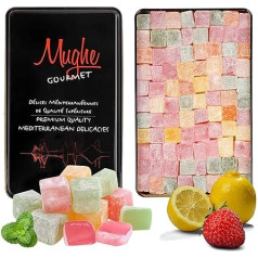 Mughe Gourmet Turkish Delight konfektes, eleganta skārda kārba - 750g - Halal, Vegan - Lokum augļu garša: Rožu, zemeņu, citronu, apelsīnu, piparmētru - dāvana īpašām reizēm, dzimšanas dienas svinībām.