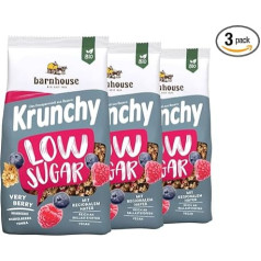 Barnhouse Krunchy Low Sugar Very Berry, Bavārijas auzu kraukšķīgie musli ar zemu cukura saturu, ar avenēm, mellenēm un Tonka, 3 x 375 g