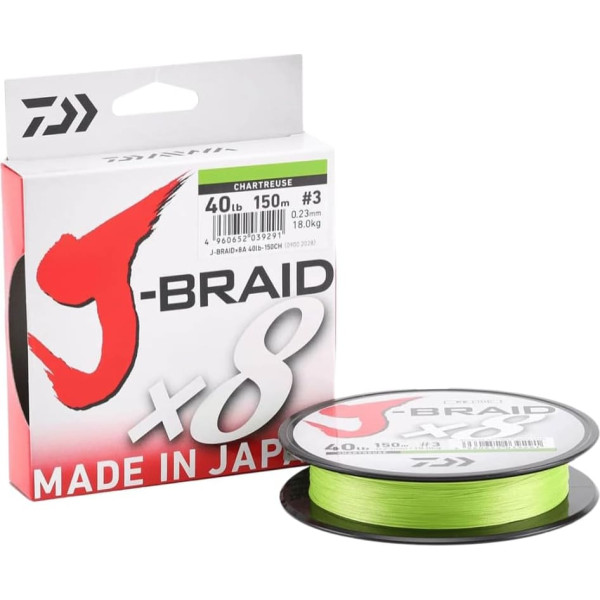 Daiwa J-Braid 8 Braid 0.22mm, 17,0kg/27,5lbs, 300m chartreuse.