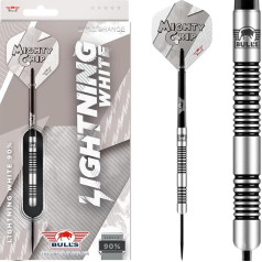 Bull's Lightning White/Black 90% Tungsten Steeltip šautriņas - augstas kvalitātes precīzas šautriņas ar gredzenveida rokturi, taisniem stobriem, dažādiem svariem (21 g, 23 g, 25 g) - ideāli piemērotas iesācējiem un profesionāļiem