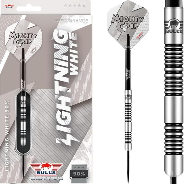 Bull's Lightning White/Black 90% Tungsten Steeltip šautriņas - augstas kvalitātes precīzas šautriņas ar gredzenveida rokturi, taisniem stobriem, dažādiem svariem (21 g, 23 g, 25 g) - ideāli piemērotas iesācējiem un profesionāļiem