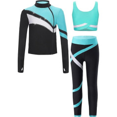 inhzoy Girls' Figure Skating Suit Sports Clothing Set Long Sleeve Jacket Leggings and Cropped Tank Top 3 Children's Ice Skating Dance Suit