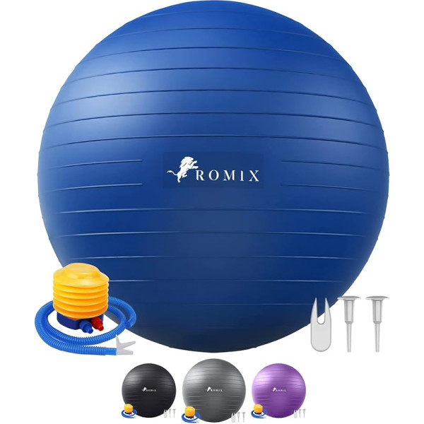 ROMIX vingrošanas bumba 55 cm 65 cm 75 cm, pretsprādziena sēdoša bumba ar gaisa sūkni līdzsvaram un stabilitātei, piepūšamā pilates bumba jogas vingrinājumiem, bumba fitnesam, vingrošanas bumba grūtniecības laikā