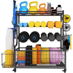 JOIEYOU Jogos kilimėliai Dumbbell Stand Home Gym Fitness Equipment Organizatorius pagamintas iš plieno 4 lygių sporto įrangos saugojimo lentynos su ratukais ir kabliukais Dumbbell Rack for Dumbbells, Yoga Mats, Kettlebell,