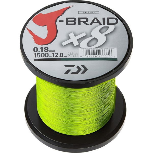 Daiwa J-Braid X8 0.13mm, 8,0kg/18lbs, 1500m chartreuse - pīta makšķerēšanas aukla.