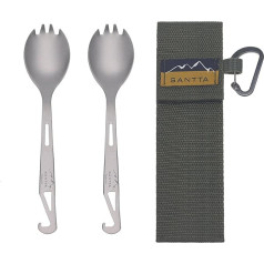 SANTTA Titan kempinga piederumi, Titanium Ultr Weightlight Spork (karote un dakša) ar pudeļu atveri, galda piederumi āra, kempinga, pārgājienu un ceļojumu vajadzībām, 2 gab. komplekts Camping Spork