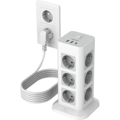 TESSAN Vairākas rozetes ar pagarinātāju 5 m, 12 veidu strāvas adapteris ar USB C un 2 USB A, strāvas stripa aizsardzība pret pārspriegumu, 3600 W rozetes tornis, sadales rozete mājai, balta krāsā