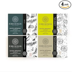 ÉCRIN DE FLEUR - Organic Soap for Men, Pack of 4 (Cedar 1 x 90g, Lime & Black Pepper, 1 x 90g, Charcoal & Cedarwood, 1 x 90g, White Grapefruit & Hemp Seeds 1 x 90g)..