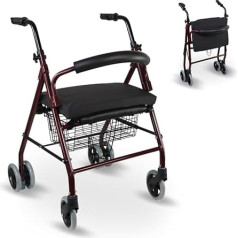 Mobiclinic, Prado Plus Memory Foam Rollator ar alumīnija spiediena bremzēm Grozs sēdekļa spilvens krēsliem un staiguļiem Rollator Salokāms un viegls 4 riteņu pastaigu ratiņi Bordeaux