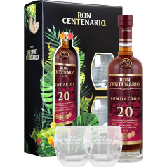 Ron Centenario Fundación 20 Aniversario | Geschenkset mit 2 Tumblern | Hergestellt im Solera-Verfahren | Weich & harmonisch | Silbermedaille bei Tokyo Whisky & Spirits | 700ml