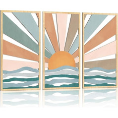 KAIRNE Boho Sun Wall Art Sea Sun Art Prints Mid Century Wall Decor for Living Room Geometric Bohemian Artwork (16x32 inch Framed) Minimalist Abstract