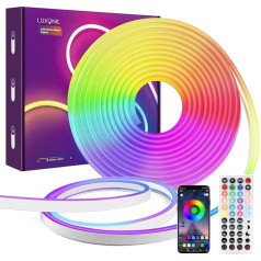 LUXONIC neona LED lente 10 m, Bluetooth RGB LED lente, lietojumprogrammas vadība, ar tālvadības pulti, IP65 ūdensizturīga elastīga neona LED lente, neona LED gaismas DIY dekorēšanai spēļu istabā, TV, ballītēm un guļamistabā