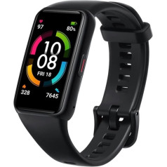 Honor Band 6 fitnesa aproce, 1,47 collu AMOLED displejs, sekošanas ierīce ar sirdsdarbības monitoru, sirdsdarbības un SpO2 monitorings, 2 nedēļu akumulatora darbības laiks, 5 ATM, soļu skaitītājs, meteorīta melns