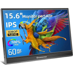 Showscren 15,6 collu portatīvais monitors, IPS spēļu datora displejs FHD 1920 x 1080P 100% sRGB HDMI/USB C portatīvais monitors PC/Laptop/Xbox/PS4/PS5/Switch, monitors ar skaļruni