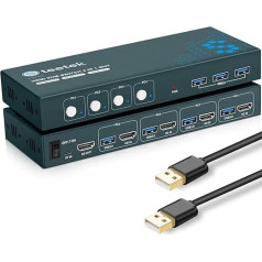 4 portu HDMI KVM slēdzis 4 datoru 1 monitoram, USB 3.0 KVM slēdzis 4K@60Hz 4 datoru koplietošanai ar 1 tastatūru, peli, U disku un printeri, ar 1 HDMI un 3 USB kabeļiem, HDCP 2.2, Plug and Play