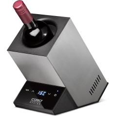 CASO WineCase One Inox dizaina vīna dzesētājs vienai pudelei, temperatūras diapazons no 5-18°C, pudelēm līdz 9 cm diametrā, sensora skārienam, nerūsējošā tērauda korpuss, mazs