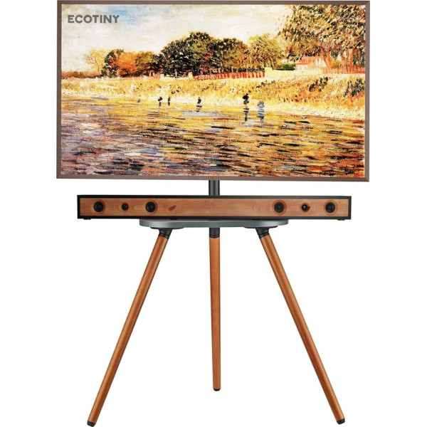 ECOTINY TV statīvs 40 līdz 65 collu LCD LED OLED ekrānam ar svaru līdz 35 kg, regulējams augstums un grozāms, pārnēsājams koka TV statīvs ar koka paplāti, maksimālais VESA 400 x 400 mm, melns valriekstu koks