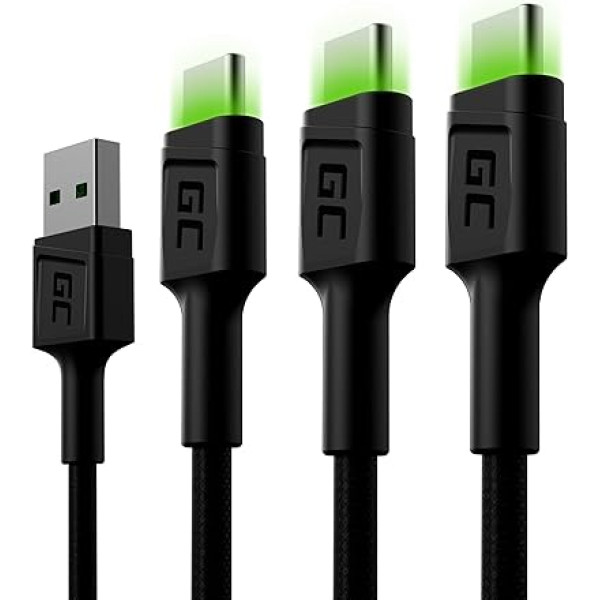 Green Cell 3 USB A - USB-C tipa kabeļu komplekts 3 Pack 1,2 m ar LED apgaismojumu lādēšanas kabelis Ātras uzlādes kabelis, kas saderīgs ar Samsung Galaxy S23 S23 S22 S21 S20 Ultra S20 S10 S9 S8+ Android telefoniem