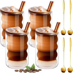 weiclianhp Latte Macchiato glāzes, 4 glāžu komplekts, 400 ml kapučīno glāzes ar karotītēm un paliktņiem, dubultās sienas glāzes, kapučīno, spirālveida kafijas glāzes, latte, tēja, saldējums, ledus amerikano, sula