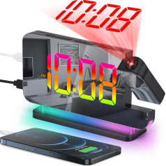 SZELAM projekcijas modinātājs, 7,4 collu digitālais spoguļpulkstenis, ar 180° rotējošu projektoru, RGB nakts gaismu, USB C lādēšanas pieslēgvietu, auto reostats, LED galda pulkstenis guļamistabai - melns