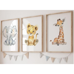 Eviepops Prints Set of 3 Safari Animals for Boys and Girls Nursery Unframed Print Bedroom Decor Kids Wall Art Decor Baby Room Playroom Poster Lion Elephant Giraffe (A3)