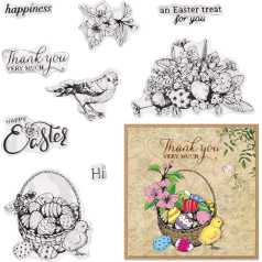 ALIBBON Happy Easter Egg caurspīdīgi zīmogi kartīšu izgatavošanai un fotoalbumu dekorēšanai, pavasara ziedu putnu zīmogi, olu grozs Lieldienu vārdi caurspīdīgi silikona zīmogi amatniecībai un DIY scrapbookingam