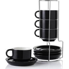 Sweejar Home Keramikas Espresso tasītes, 4 krūzītes, 120 ml, 120 ml, savietojamas kapučīno tasītes ar paliktnīšiem un metāla statīvu, porcelāna tasītes kafijas dzērieniem, Latte, tējai (melnas)