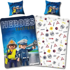SkyBrands Playmobil gultasveļa 135 x 200 cm 80 x 80 cm Bērnu gultasveļa Zēni Kokvilna Policijas dāvana Ugunsdzēsēju brigāde Apgriežams gultasveļas komplekts 2 gab. 1x Segas pārvalks 1x Spilvenu pārvalks 1x Uzpurņa pārvalks