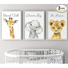 Set of 3 Safari Animals for Boys and Girls Nursery Unframed Print Bedroom Decor Baby Room Playroom Poster Elephant Giraffe Lion Stand Tall Dream Big Be Brave (A3)