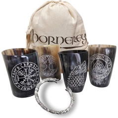 Hornerey Viking Horn Cup Set, dzeramā raga krūzīšu komplekts, Buffalo Horn, 200 ml, 4 dzeramā raga krūzes + rokassprādze + maisiņš, 6 daļu komplekts, melns