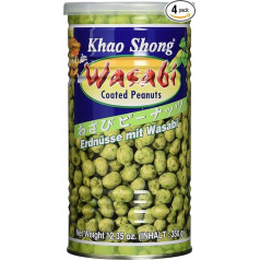 Khao Shong Zemesrieksti ar vasabi, kraukšķīgi zemesrieksti asā mīklas apvalkā, vidēji asi, kraukšķīgas uzkodas ceļojumā (4 x 350 g skārda)