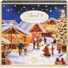 Lindt šokolādes Ziemassvētku tirdziņa mini galda adventes kalendārs 2024, 115 g, 24 dažādu šķirņu mīļas mini bumbiņas, šokolāde Ziemassvētku laikam, šokolādes dāvana