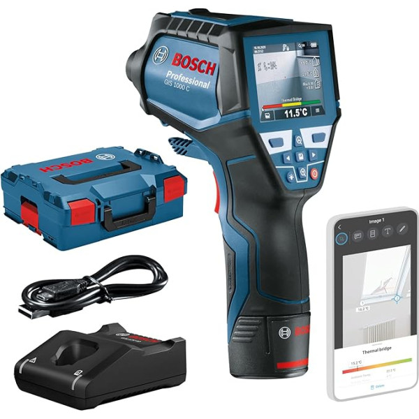 Bosch Professional GIS 1000 C termodetektors, 1 x 12 V LIGIS, mērījumu diapazons -40 °C līdz +1000 °C, ar 1 x 1,5 Ah akumulatoru, 12 V, L-Boxx, Bluetooth, krāsa, izmērs
