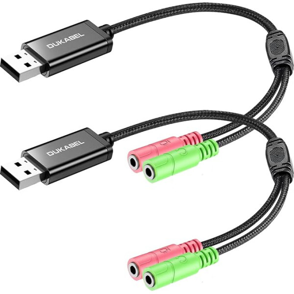 DuKabel 2 iepakojuma ārējais USB skaņas kartes adapteris datoram, klēpjdatoram un PS4, USB uz 2 x 3,5 mm Female Aux audio pārveidotājs, 25 cm kabelis austiņām, skaļruņiem un 3 polu TRS mikrofonam - melns