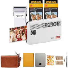 KODAK P210 Mini 2 Retro, mobilais krāsu fotoprinteris, saderīgs ar viedtālruni (iOS un Android), Bluetooth, 54 x 86 mm, 4Pass tehnoloģija, laminēšana, 6 kasetnes, piederumu komplekts, 68 lapas,