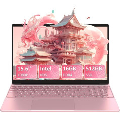 Auusda 15.6 Inch Full HD Laptop, 16GB DDR4 RAM 512GB SSD, N95 Up to 3.4GHz with Fingerprint Unlock Notebook, Cooling Fan, Webcam, Dual Speakers, Mini HDMI, Student/Business Laptop - Pink