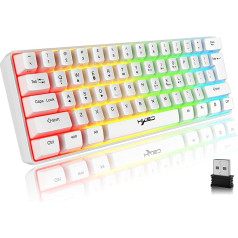 Bezvadu spēļu tastatūra 61 taustiņš Bluetooth 5.0 + 2.4G Dual Mode Ergonomiska, īpaši kompakta, klusa 60% tastatūra ar varavīksnes apgaismojuma bateriju Windows Mac PC PS4 spēlētājiem, balta