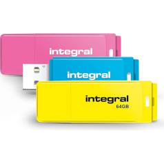 Integral 64 GB neona USB 2.0 zibatmiņas diskdziņš 3 gab. iepakojumā (rozā/zilā/geltenā krāsā)