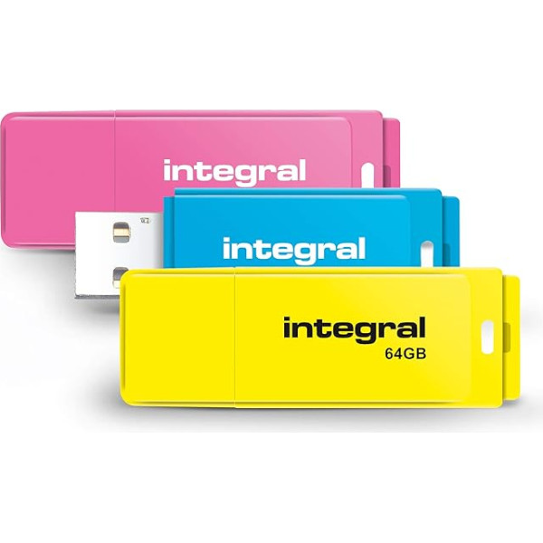 Integral 64 GB neona USB 2.0 zibatmiņas diskdziņš 3 gab. iepakojumā (rozā/zilā/geltenā krāsā)