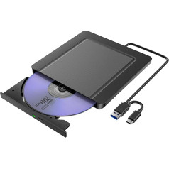 Išorinis CD DVD diskas, itin plokščias USB 3.0 ir USB-C CD/DVD išorinis diskas, CD DVD +/-RW ROM įrašymo įrenginys, optinis išorinis DVD diskas, skirtas nešiojamiesiems kompiuteriams, kompiuteriams, staliniams kompiuteriams, 