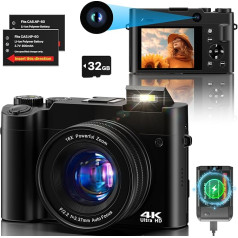 Digitālā fotokamera 4K Dual Camera 64 MP Anti-Shake Vlogošanas fotokamera ar 32GB atmiņas karti, 16X digitālo tālummaiņu, 2 baterijām un lādētāju, un iesācēju kompaktā kamera pusaudžiem