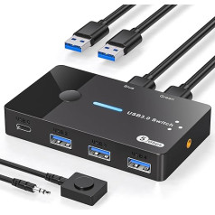 AILVLVNG USB 3.0 slēdzis 2 datoriem, koplietojot USB C un A ierīces, USB slēdzis 2 ieejas un 4 izejas, koplietojot tastatūru, peli un printeri, USB slēdzis 2 datoriem ar galddatora kontrolieri un 2 USB 3.0 kabeļiem