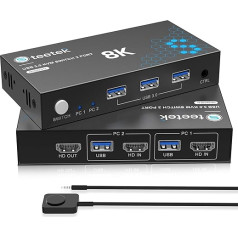 8K @ 60Hz HDMI KVM Switch 2 PC 1 Monitors, KVM Switch with 3 USB 3.0 Hub for 2 Computers Share 1 Keyboard, Set Mouse, U Disk and Printer, Compatible with 4K@60Hz, Adaptive EDID, Plug and Play