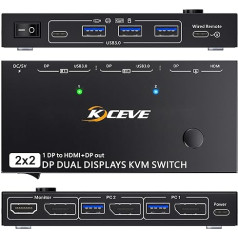 Divu monitoru DP KVM slēdzis, KCEVE MST 2 On 2 Off Display Port KVM slēdzis atbalsta pagarināšanas un spoguļošanas režīmus, HDMI un DP monitora izeja 2 datoriem, 2 monitoru koplietošana